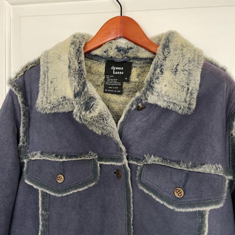 Vintage Dennis Basso Faux Fur Lined Blue Jacket Luxe Statement Designer Suede M